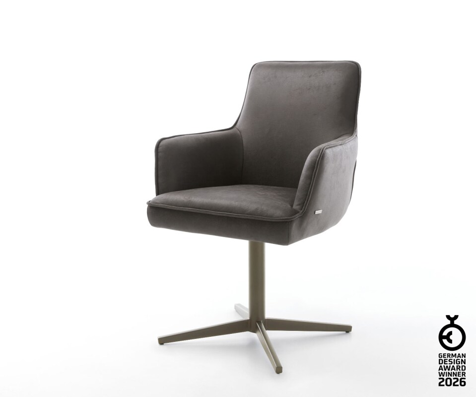 Chaise-pivotante Heira-Flex avec accoudoirs microvelours anthracite vintage pied de chaise 4 branches aspect titane pivotement sur 360° ressorts ensachés